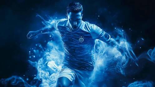 Blue electric soccer hero sprinting through swirling light.