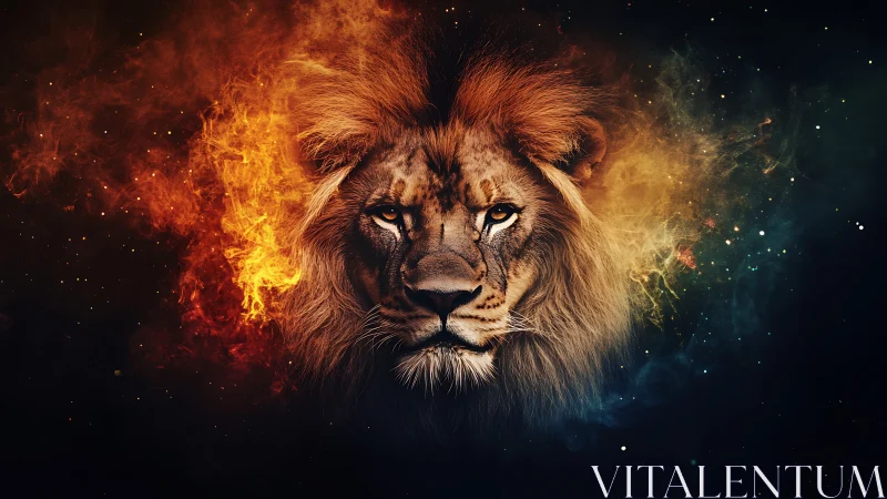 Lion portrait with fiery and cosmic abstract background.