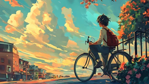 Sunset cyclist pausing between bright rooftops and cloud rivers.