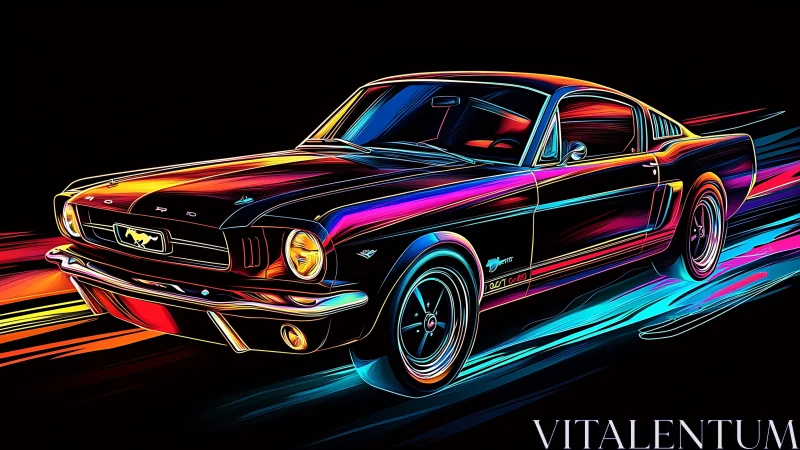 Neon-contoured classic muscle car accelerates through abstract light