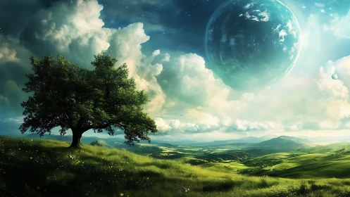 Isolated tree on hill under large planetary sky sphere.