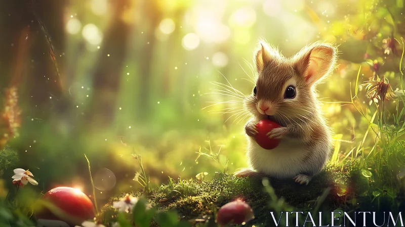 Tiny forest mouse sharing a sunlit berry moment.