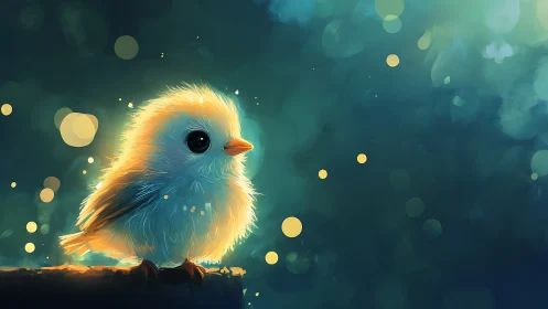 Glowlit baby bird perches in dreamy teal night haze.