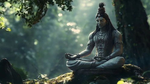 Forest stillness crowns a meditating deity in silvered light