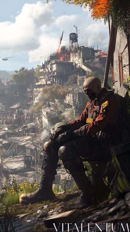 Armored soldier resting above burning post apocalyptic city.