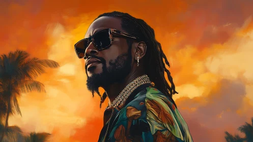 Sunset swagger king under molten tropical skies.