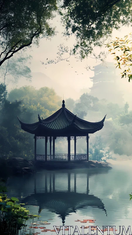 Misty lakeside pavilion with serene temple backdrop.