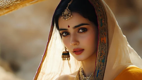 Portrait of South Asian woman in embroidered dupatta, golden bokeh