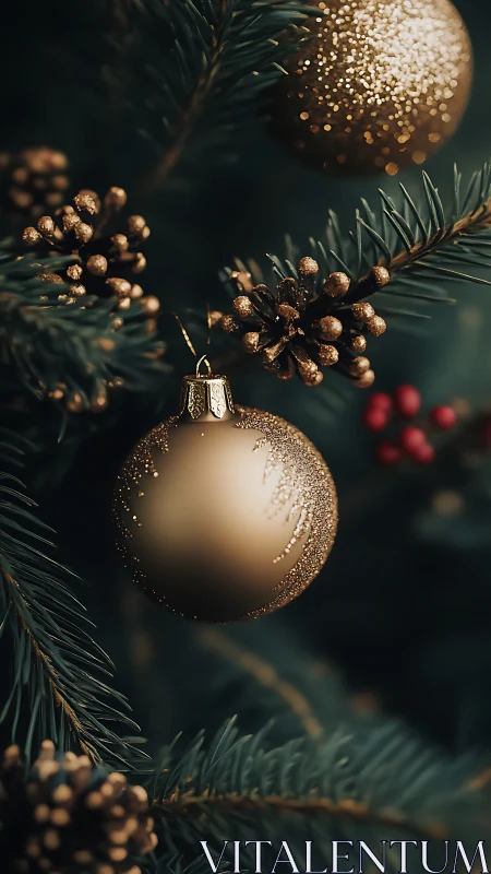 Gold Christmas bauble on pine tree with cones and berries.