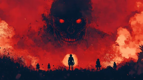 Silhouetted squad confronting colossal infernal skull apparition.