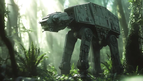 Armored walker advances through misty alien forest light