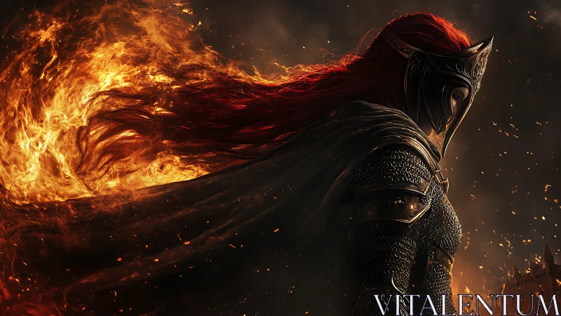 Armored red haired warrior framed by swirling battlefield fire.