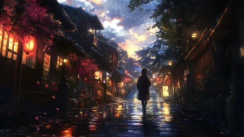 Solitary figure walks wet lantern street under evening rain