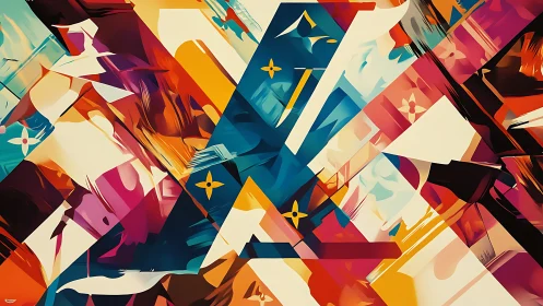 Dynamic geometric abstraction explodes in vivid intersecting color.