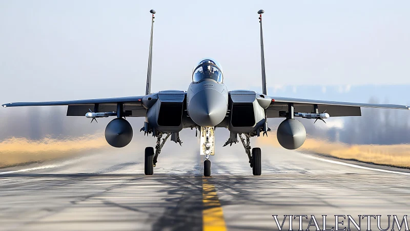 Military jet front view taxiing on runway in clear weather