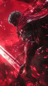 Dark armored swordsman strides through blazing crimson void.