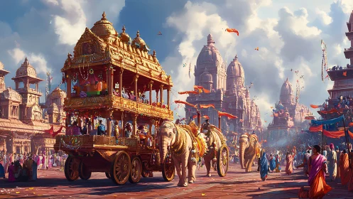 Golden temple chariot procession amid crowded festival street.