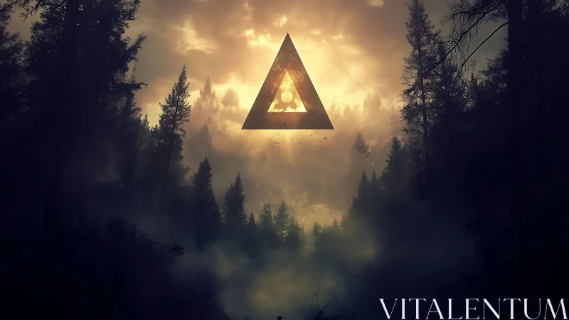 Glowing geometric triangle hovers above misty twilight forest
