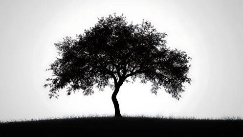 Silhouette of solitary tree on grass ridge in grayscale.