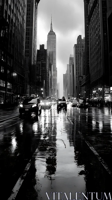 Monochrome rainy avenue with central skyscraper reflection
