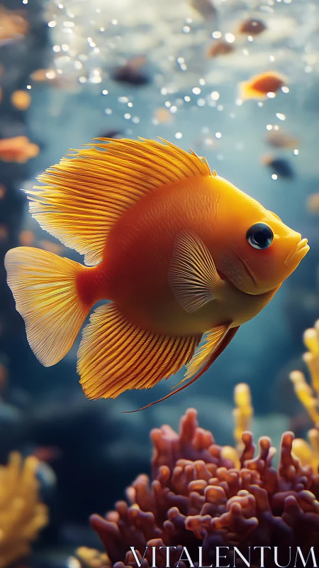 Orange tropical fish moves laterally above coral reef