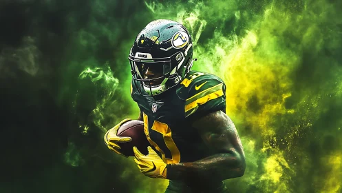 Dynamic gridiron running back amid neon green vapor explosion