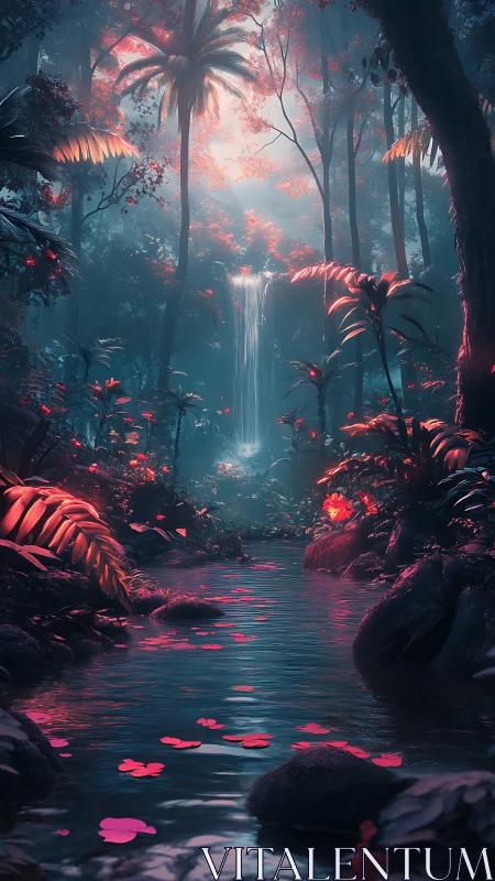 Neon lit jungle waterfall and stream in dense forest