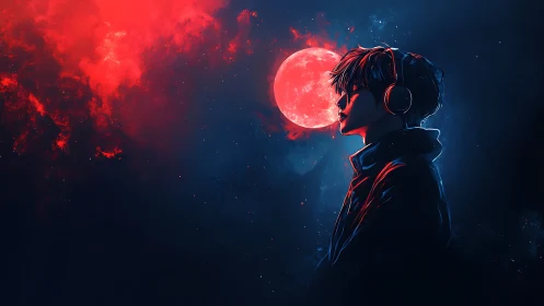 Neon lit listener beneath a crimson lunar eclipse glow.