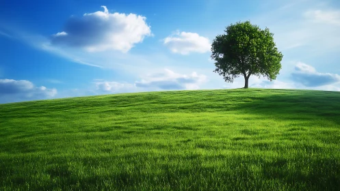 Solitary deciduous tree crowns a luminous grassy hillside