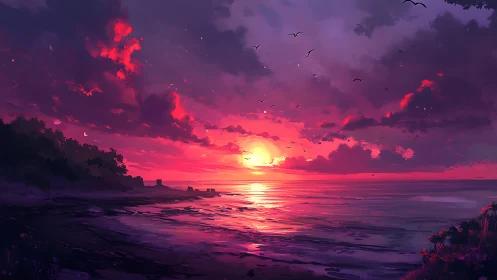 Sky ignites as the violet shoreline drinks the molten sun