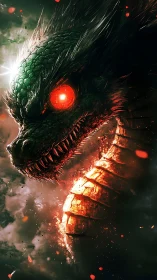 Dragon head with glowing red eye emerges from burning smoke