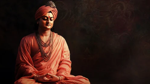 Serene orange robed meditator rests in peaceful stillness