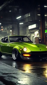 Neon green street samurai coupe in rain slicked night garage.