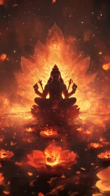 Incandescent deity silhouette framed by radial lotus flame geometry