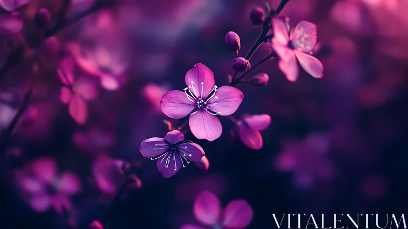 Macro Pink Four-Petaled Blossoms in Deep Bokeh Field. Botanical