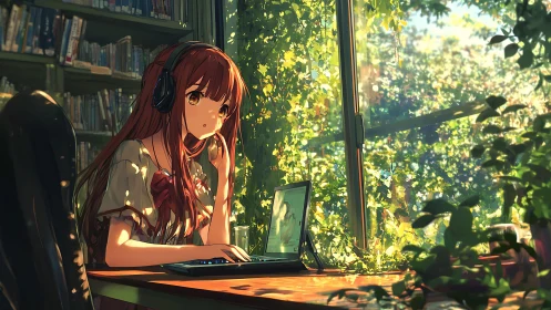 Sunlit library listener drifts through music and emerald leaves.