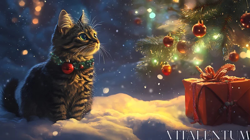 Curious Christmas kitten gazes at glowing tree and gift
