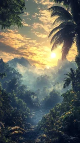 Tropical Sunrise Emerges Through Misty Jungle Canopy