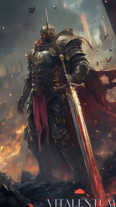 Armored dark knight standing in burning battlefield.