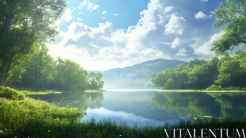 Peaceful lakeside morning wrapped in soft green light.