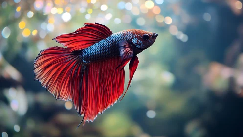Vibrant red betta fish gliding through soft bokeh waters.