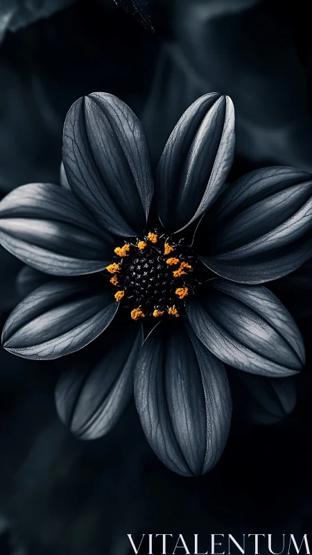Black Petaled Flower with Yellow Center Against Dark Background