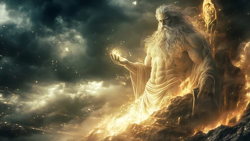 Storm-forged sky god conjuring golden celestial fire.