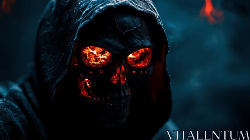 Hooded skeletal figure with molten eyes in dark setting.