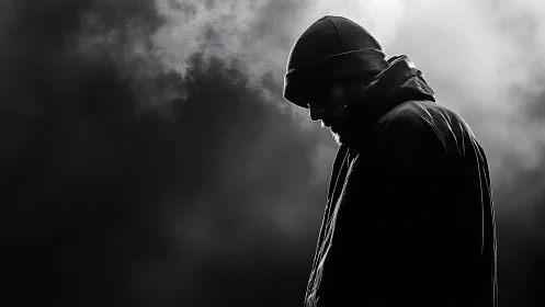 Silhouetted hooded figure stands in swirling winter mist