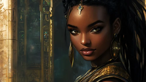 Digitally rendered woman in gold attire before stone column.