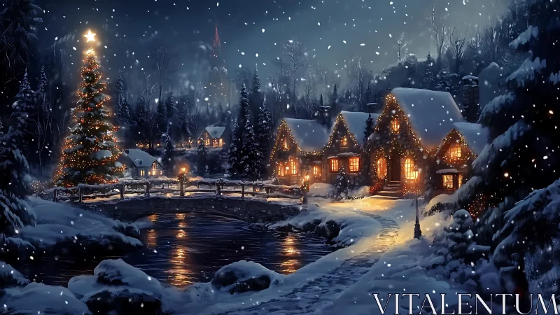 Snowy Christmas village glows warmly beneath a starlit sky