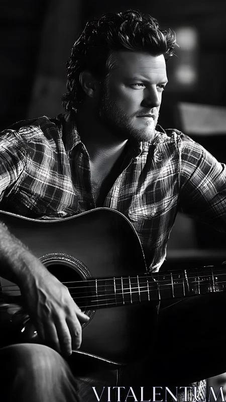 Moody country guitarist in plaid shirt under studio light.
