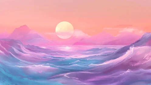 Pastel ocean waves roll toward glowing sunlit horizon