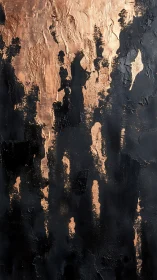 Textured abstract copper and black vertical surface painting.